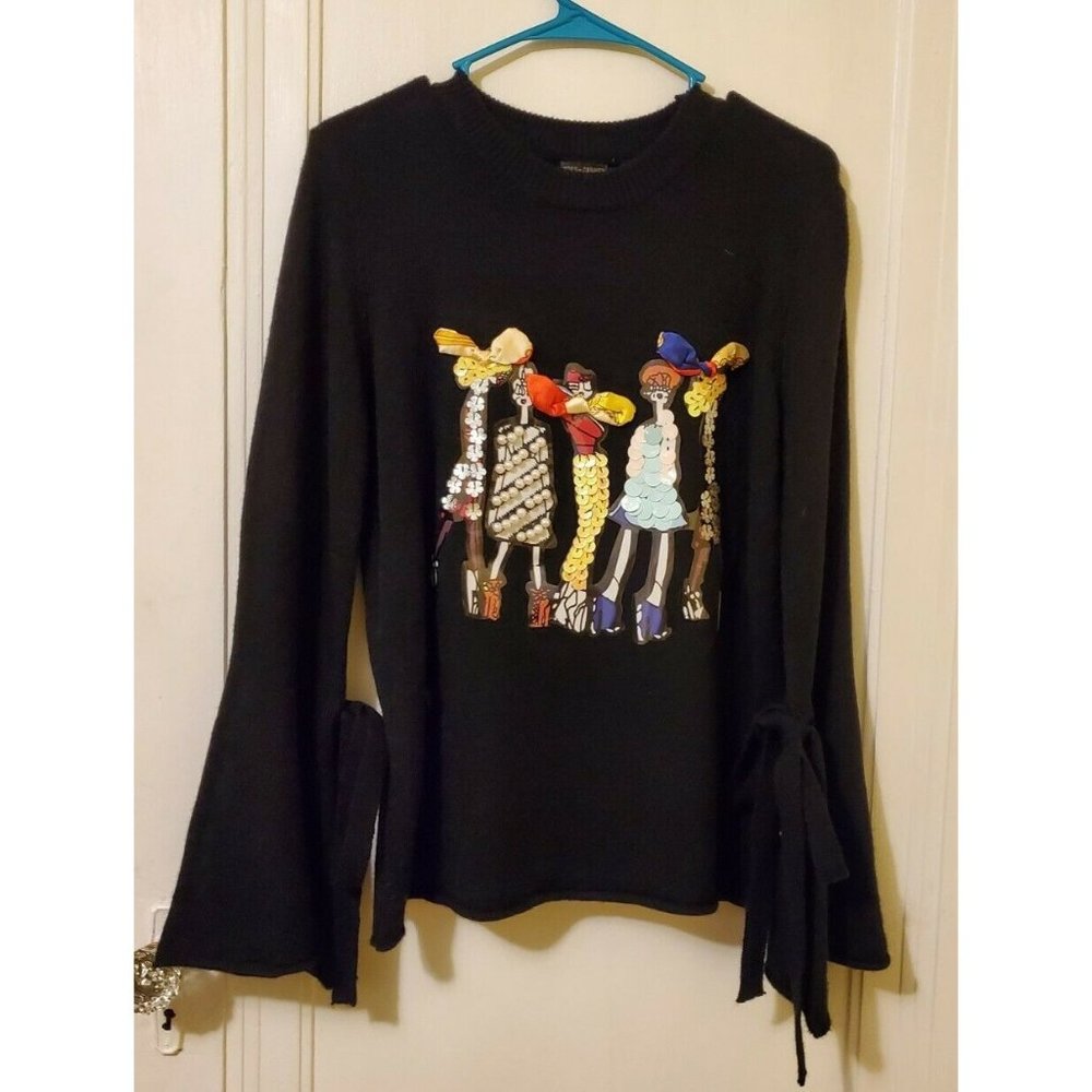 NWT Coco + Carmen Womens Black Sweater Small Medium 3D Art Fashion Sequin Ribbon
